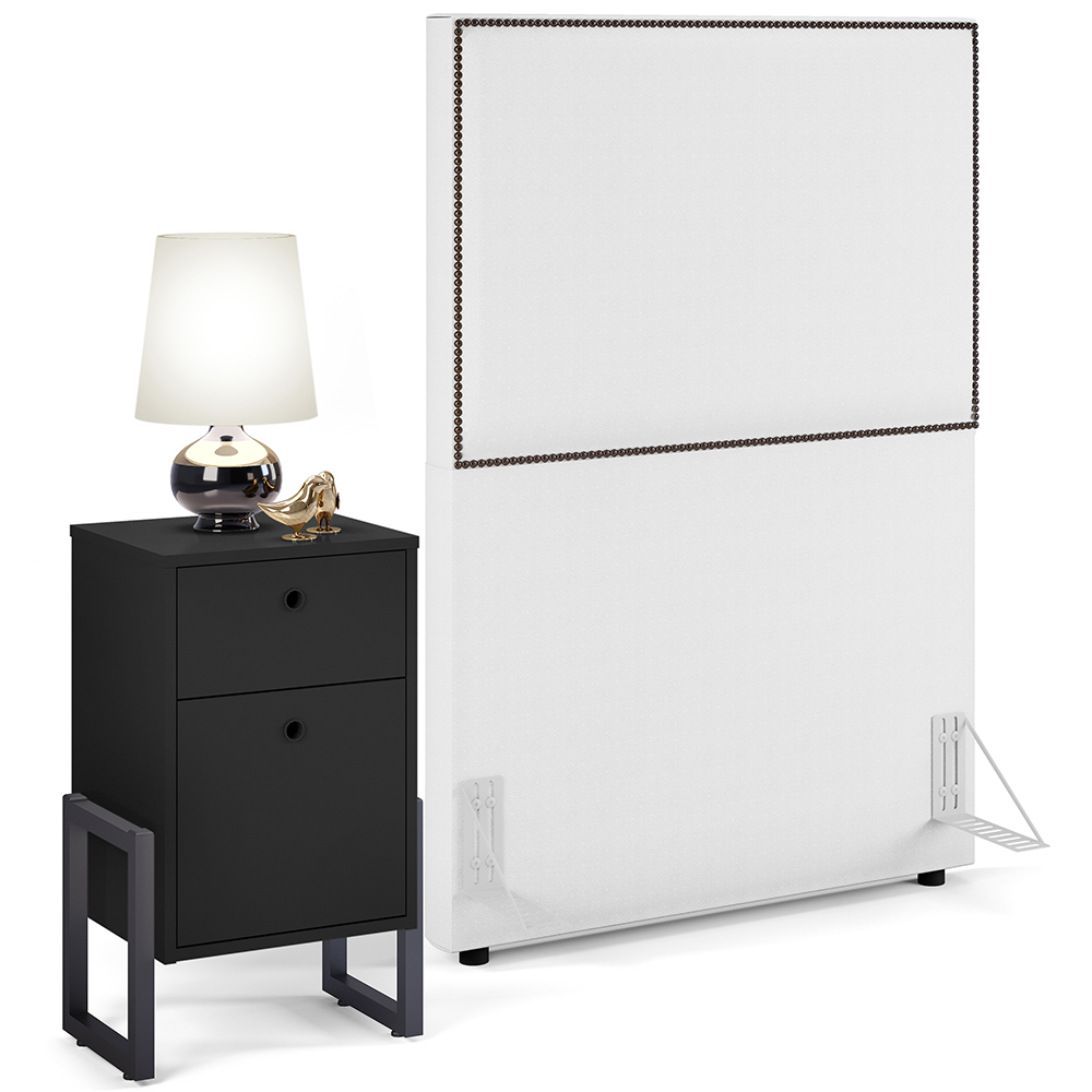 Cabeceira Solteiro Vicenza 100cm L02 Facto Branco Com 01 Mesa De Cabeceira Work Preto - Lyam Decor
