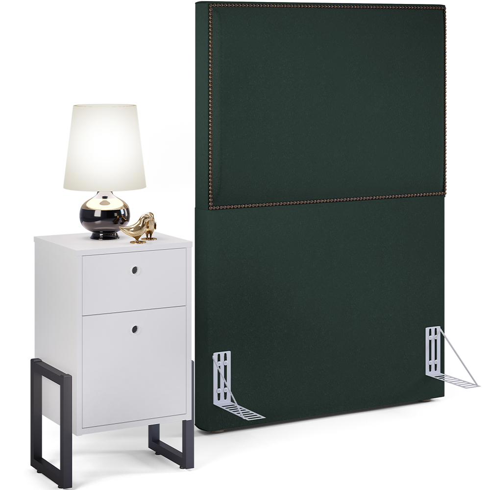 Cabeceira Solteiro Vicenza 100cm Linho Verde Musgo L02 Com Mesa de Cabeceira Work Branco - Lyam Decor