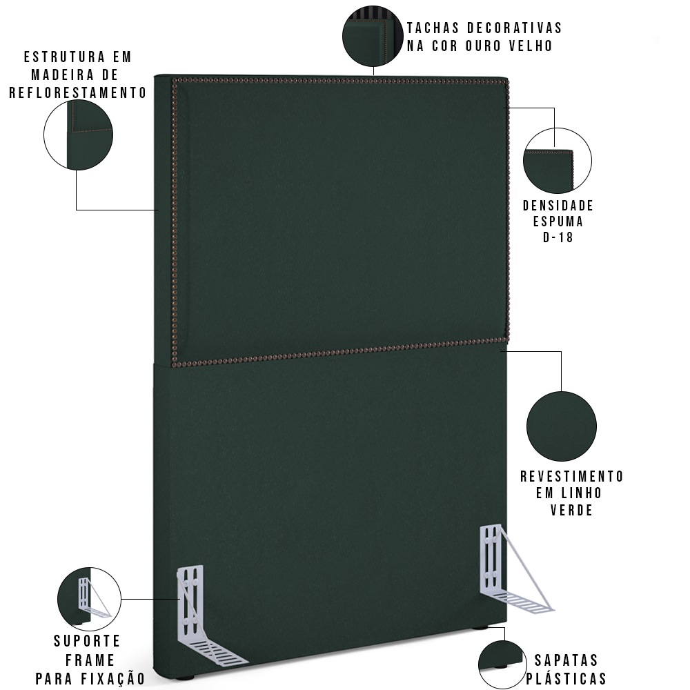 Cabeceira Solteiro Vicenza 100cm Linho Verde Musgo L02 Com Mesa de Cabeceira Work Branco - Lyam Decor