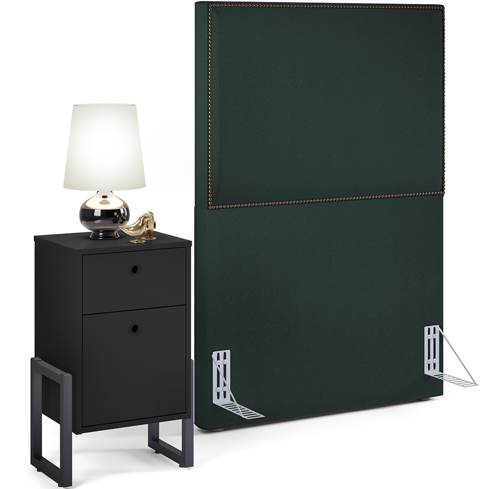 Cabeceira Solteiro Vicenza 100cm Linho Verde Musgo L02 E Mesa de Cabeceira Work Preto - Lyam Decor