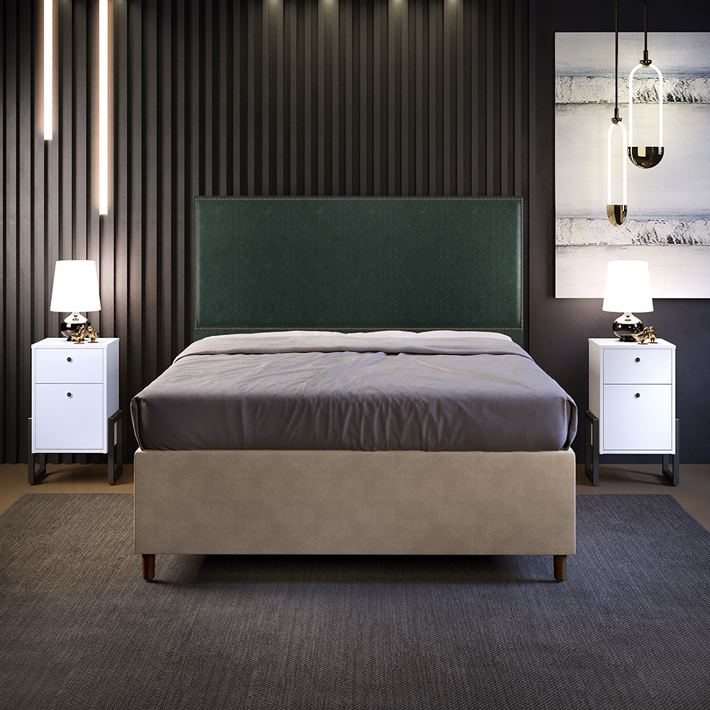 Cabeceira Vicenza 140 cm Linho Verde Musgo L02 Com 02 Mesas de Cabeceira Work Branco - Lyam Decor