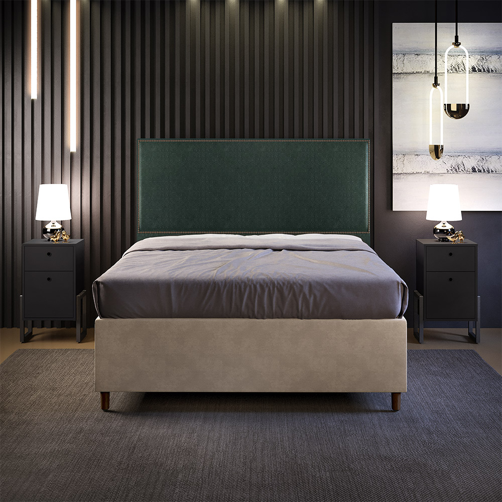 Cabeceira Vicenza 140cm Linho Verde Musgo L02 Com 2 Mesas de Cabeceira Work Preto - Lyam Decor