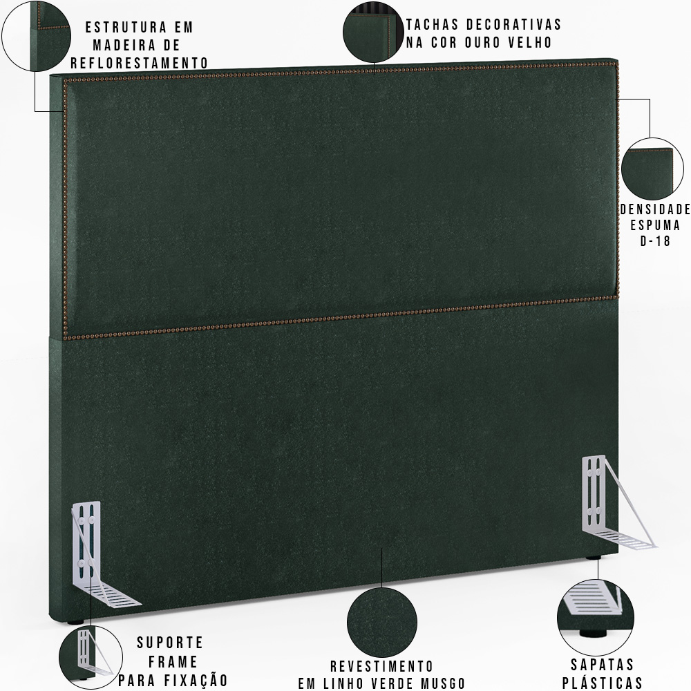 Cabeceira Vicenza 140cm Linho Verde Musgo L02 Com 2 Mesas de Cabeceira Work Preto - Lyam Decor