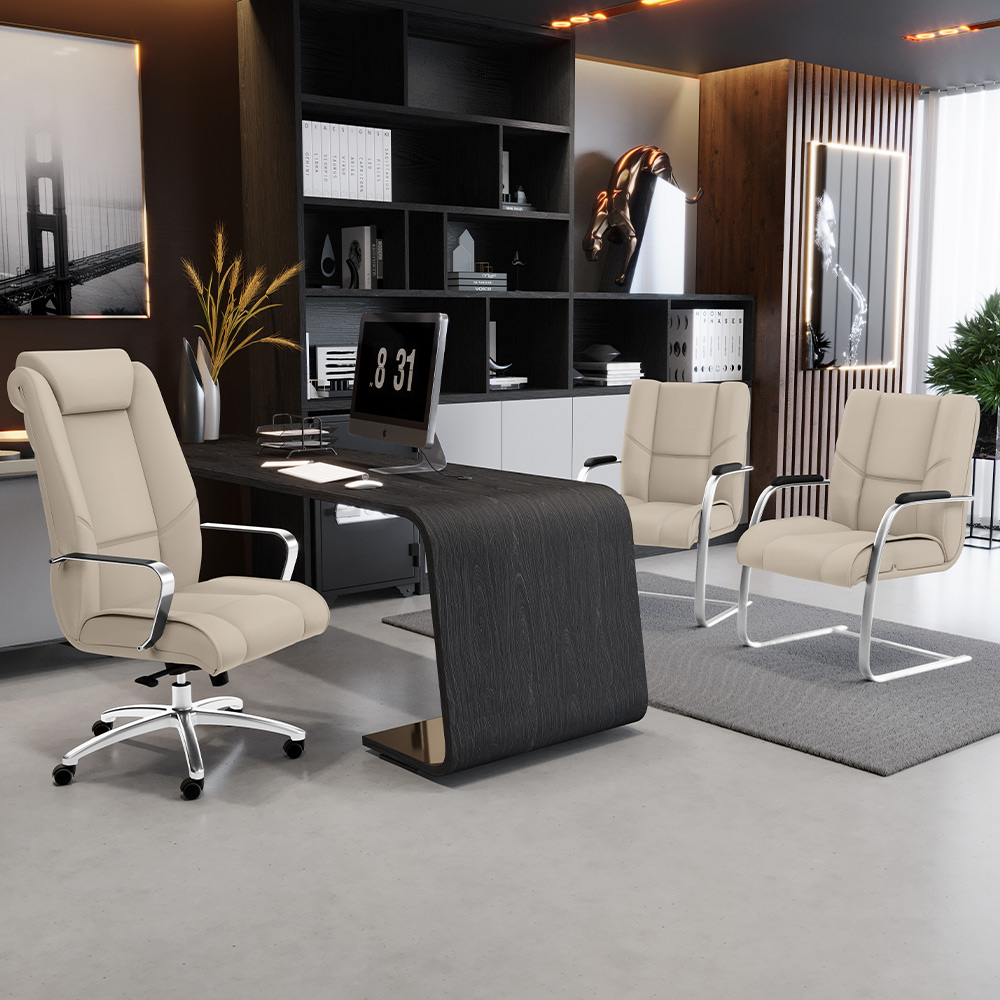 Cadeira De Escritório Fixa Executiva New Onix F02 Tecido Sintético Areia - Lyam Decor