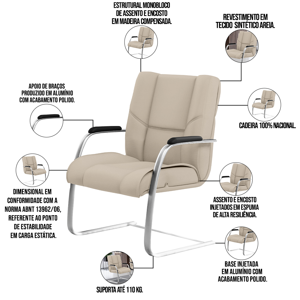 Cadeira De Escritório Fixa Executiva New Onix F02 Tecido Sintético Areia - Lyam Decor