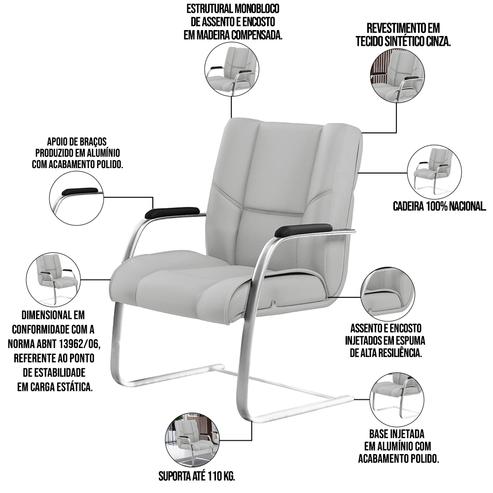 Cadeira De Escritório Fixa Executiva New Onix F02 Tecido Sintético Cinza - Lyam Decor