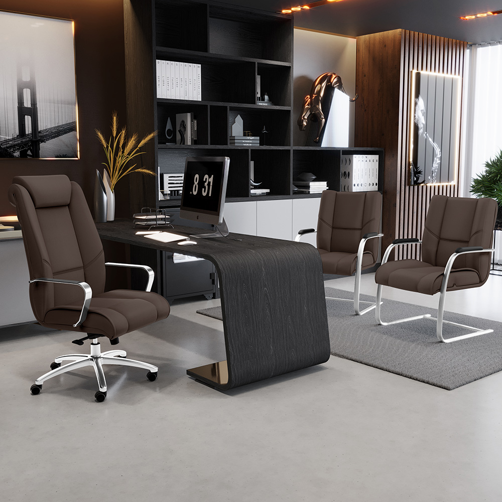 Cadeira De Escritório Fixa Executiva New Onix F02 Tecido Sintético Marrom - Lyam Decor