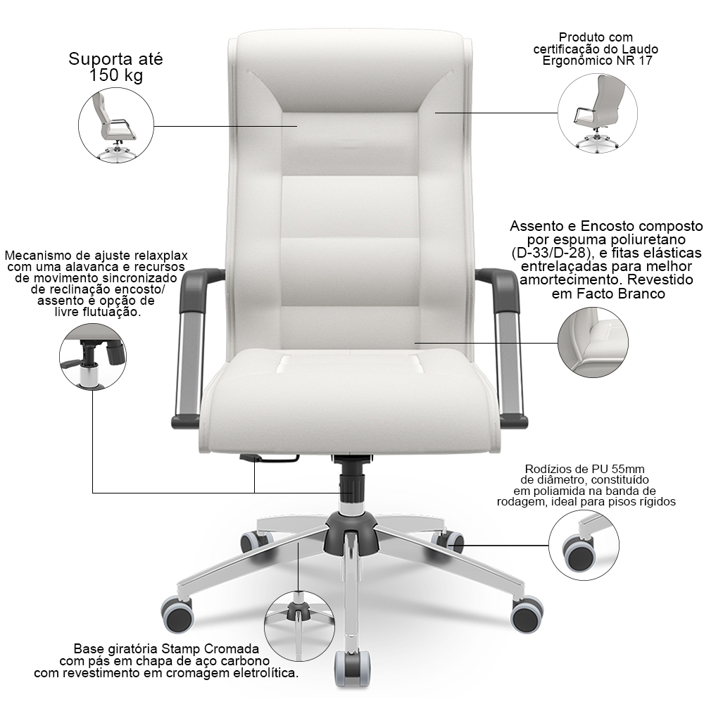 Cadeira De Escritório Giratória Presidente Base Cromada Kirk P03 Facto Branco - Lyam Decor