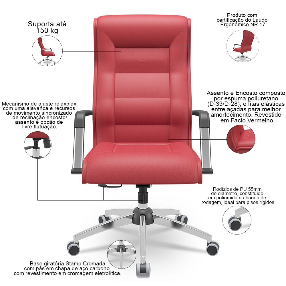 Cadeira De Escritório Giratória Presidente Base Cromada Kirk P03 Vinil Vermelho - Lyam Decor