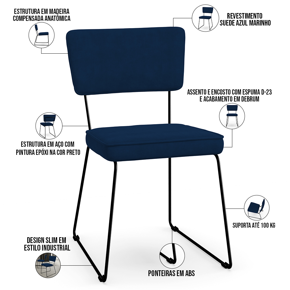 Cadeira Decorativa Estofada Para Sala De Jantar Allana L02 Suede Azul Marinho - Lyam Decor