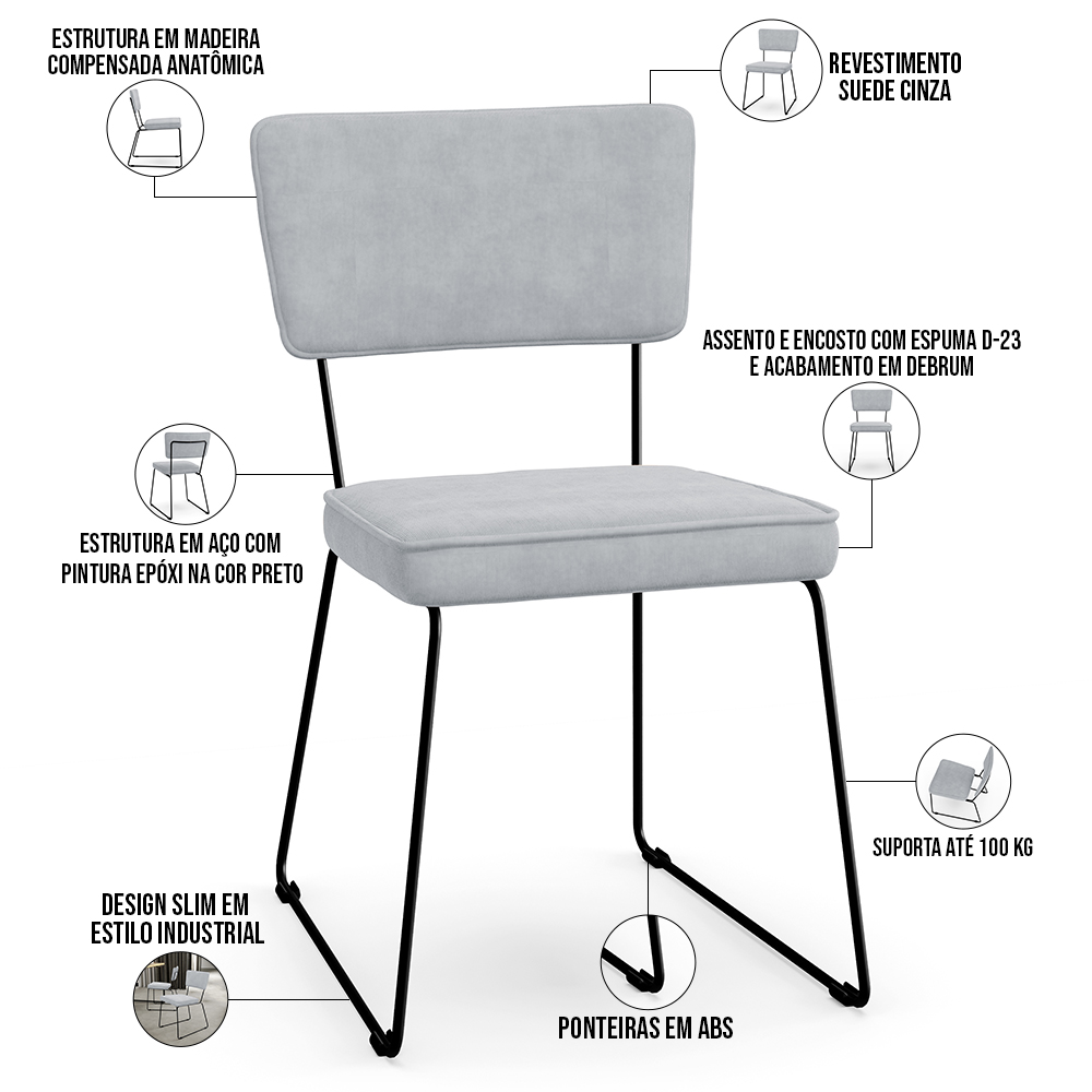 Cadeira Decorativa Estofada Para Sala De Jantar Allana L02 Suede Cinza - Lyam Decor