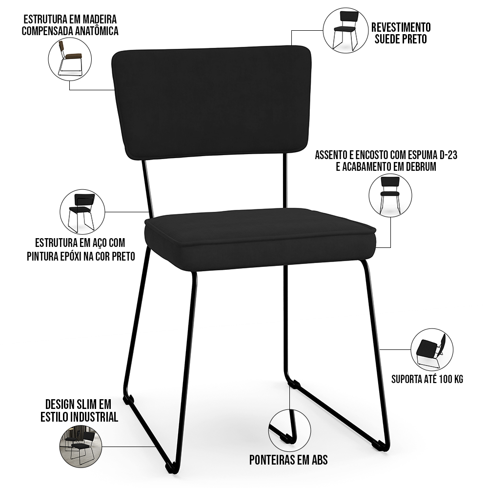 Cadeira Decorativa Estofada Para Sala De Jantar Allana L02 Suede Preto - Lyam Decor