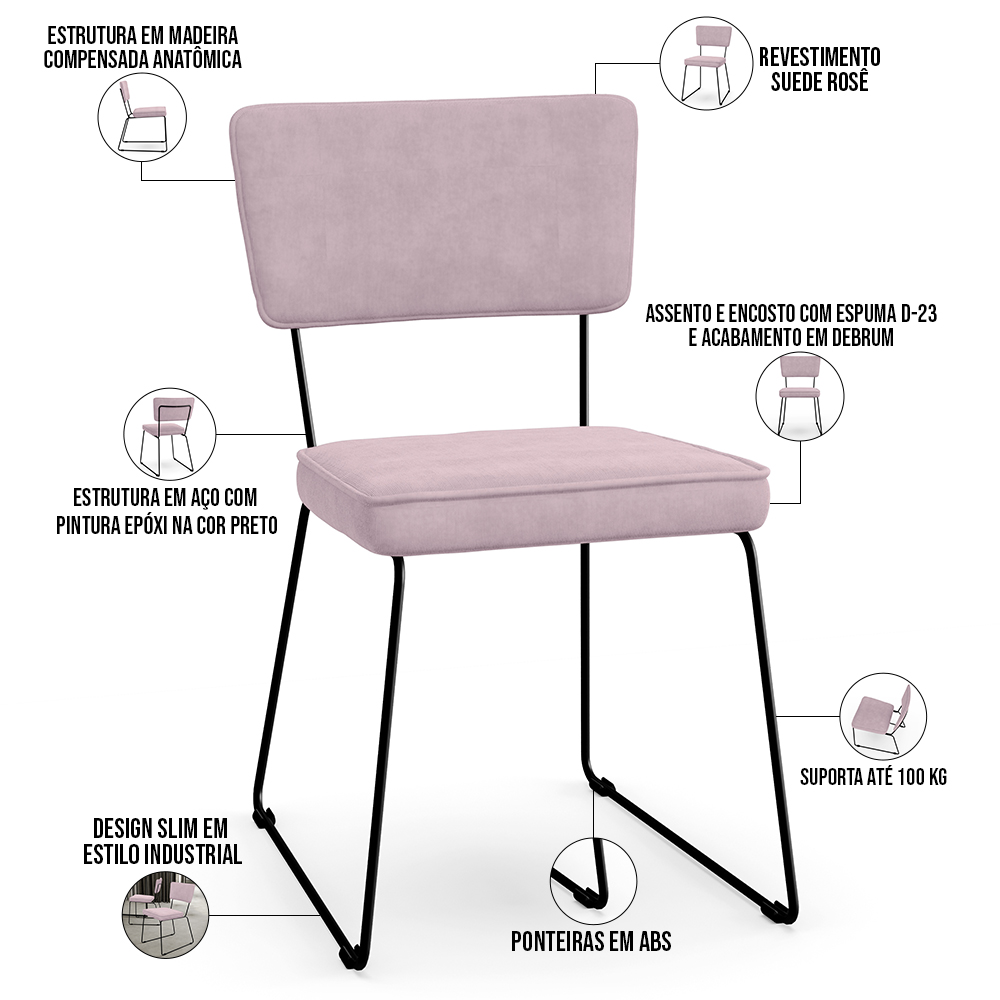 Cadeira Decorativa Estofada Para Sala De Jantar Allana L02 Suede Rosê - Lyam Decor