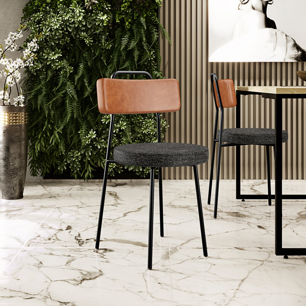 Cadeira Decorativa Estofada Para Sala De Jantar Barcelona L02 Couríssimo Camel Linho Chumbo - Lyam