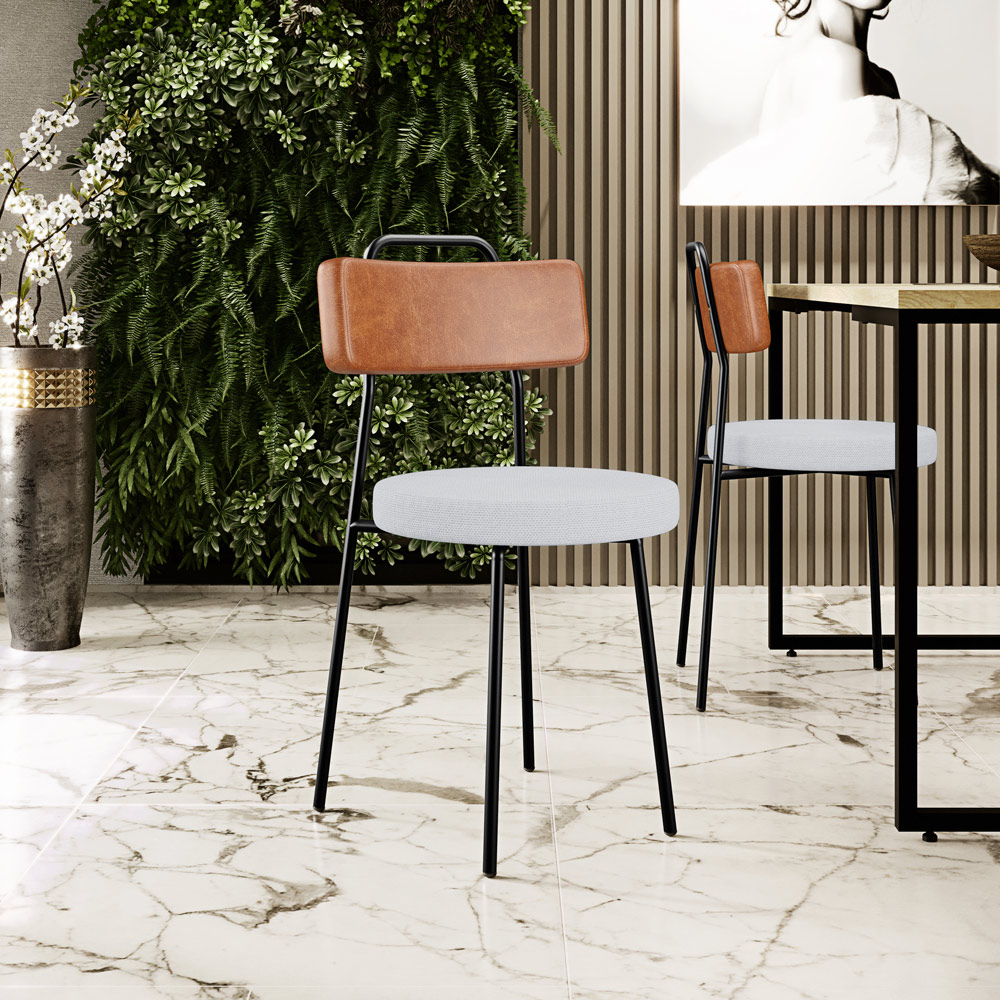 Cadeira Decorativa Estofada Para Sala De Jantar Barcelona L02 Couríssimo Camel Linho Cinza - Lyam