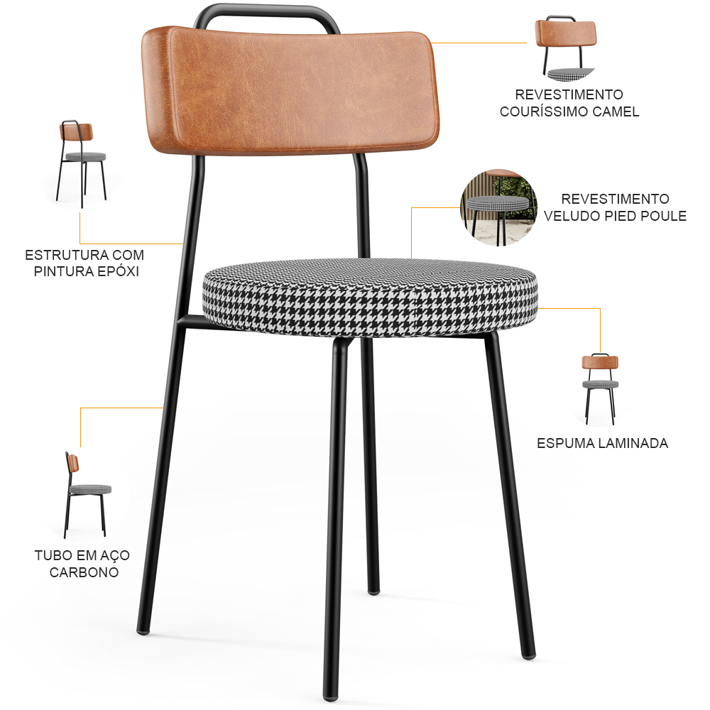 Cadeira Decorativa Estofada Para Sala De Jantar Barcelona L02 Couríssimo Camel Pied Poule - Lyam