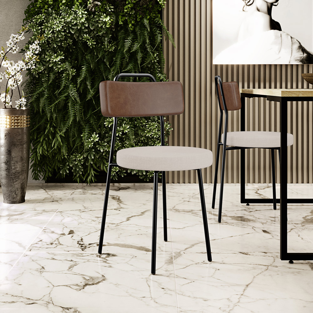 Cadeira Decorativa Estofada Para Sala De Jantar Barcelona L02 Couríssimo Marrom Linho Bege - Lyam