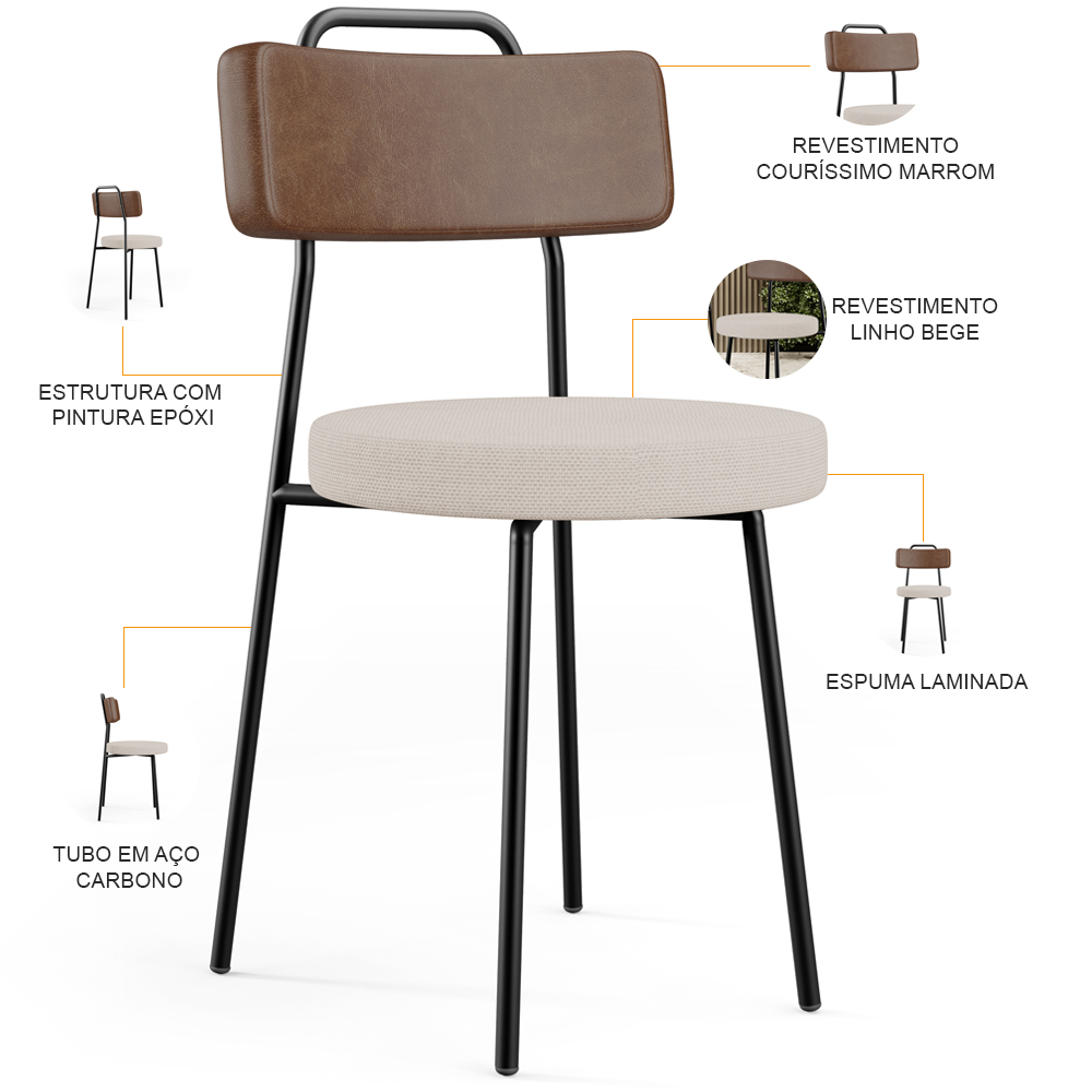 Cadeira Decorativa Estofada Para Sala De Jantar Barcelona L02 Couríssimo Marrom Linho Bege - Lyam