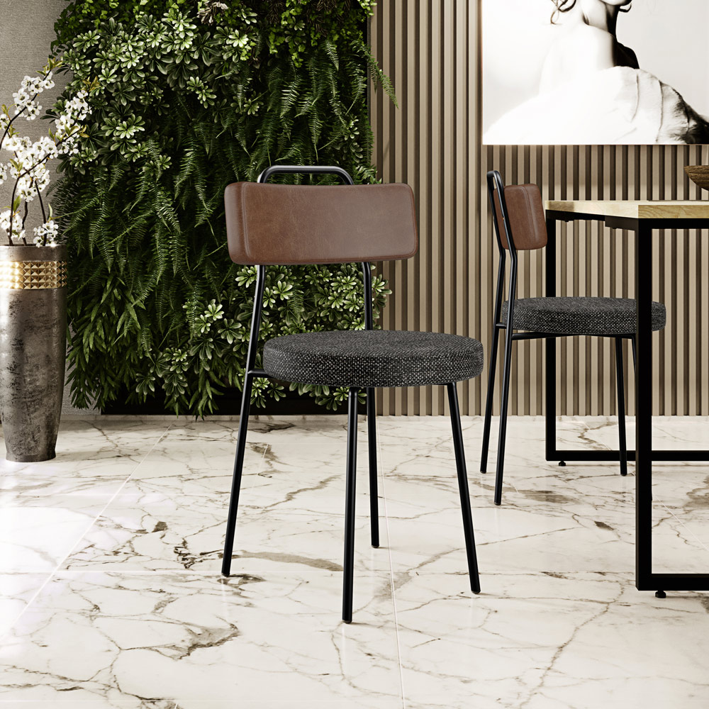 Cadeira Decorativa Estofada Para Sala De Jantar Barcelona L02 Couríssimo Marrom Linho Chumbo - Lyam