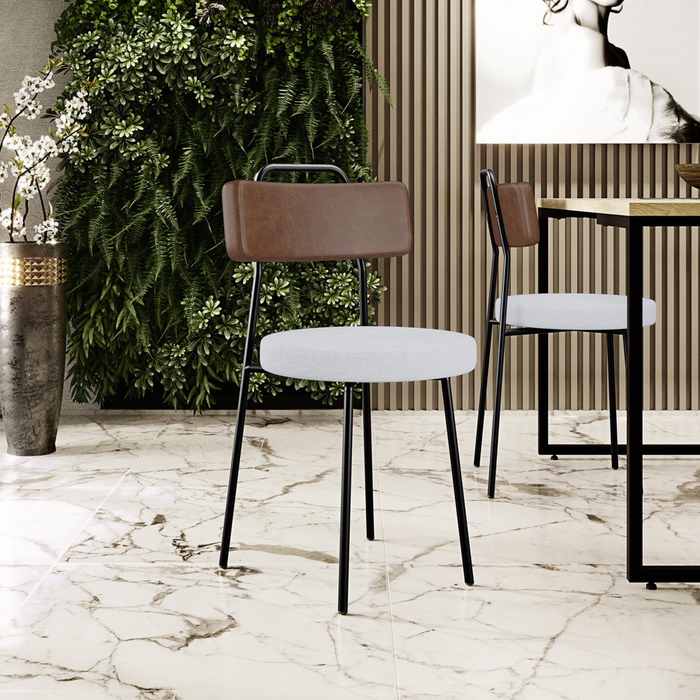Cadeira Decorativa Estofada Para Sala De Jantar Barcelona L02 Couríssimo Marrom Linho Cinza - Lyam