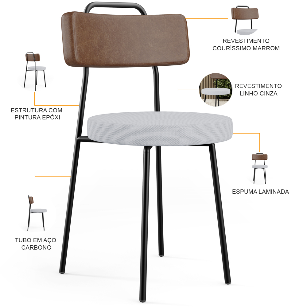 Cadeira Decorativa Estofada Para Sala De Jantar Barcelona L02 Couríssimo Marrom Linho Cinza - Lyam