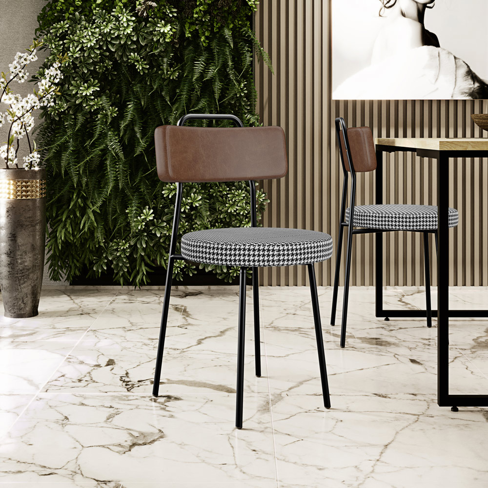 Cadeira Decorativa Estofada Para Sala De Jantar Barcelona L02 Couríssimo Marrom Pied Poule - Lyam