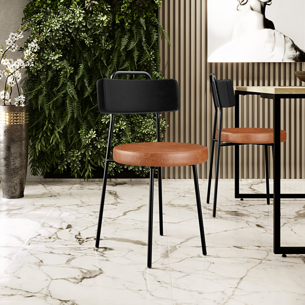 Cadeira Decorativa Estofada Para Sala De Jantar Barcelona L02 Couríssimo Preto Camel - Lyam