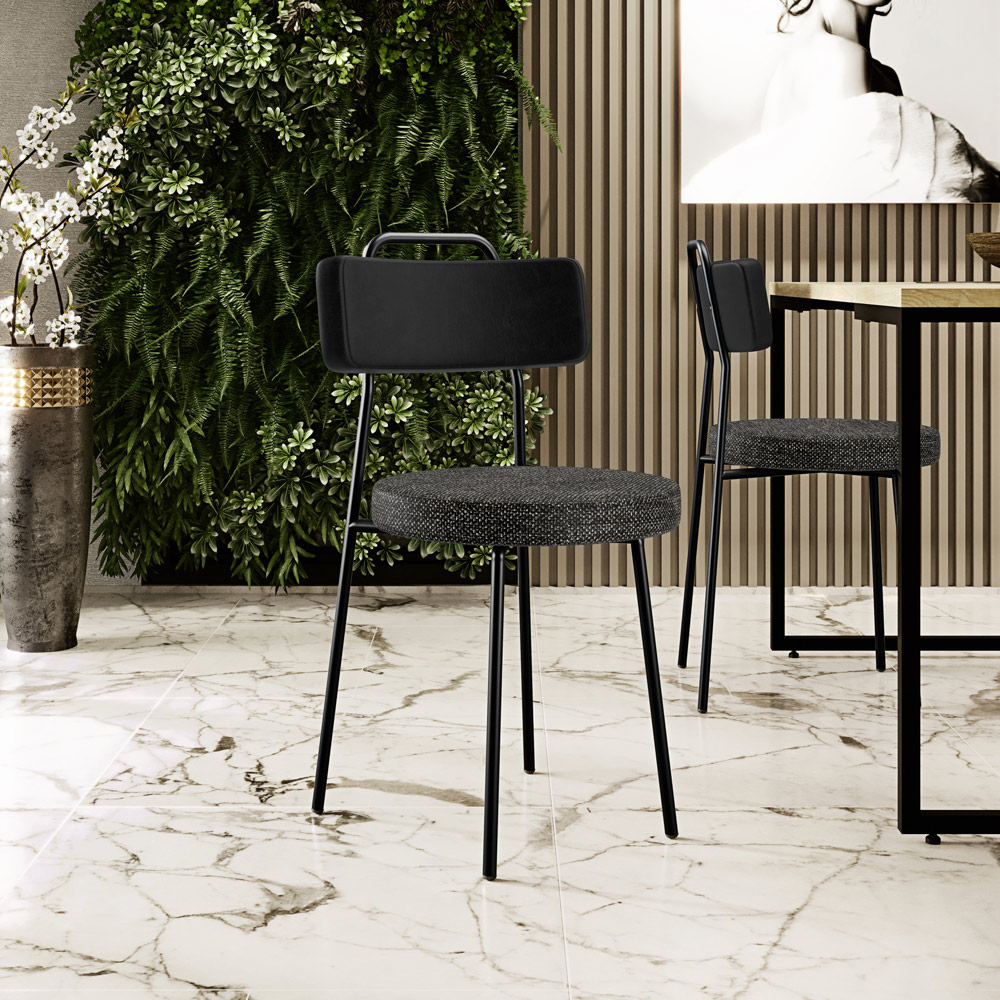 Cadeira Decorativa Estofada Para Sala De Jantar Barcelona L02 Couríssimo Preto Linho Chumbo - Lyam