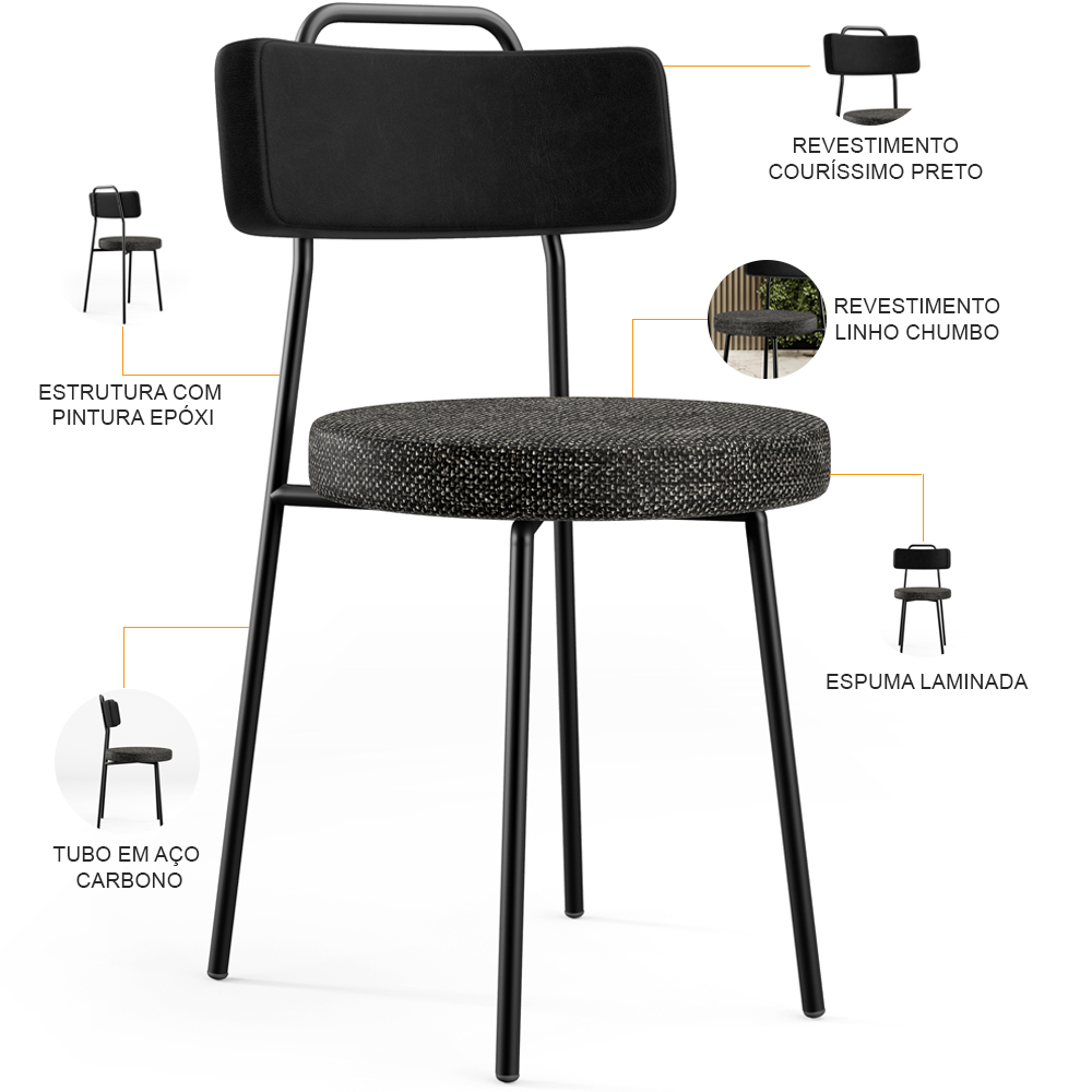 Cadeira Decorativa Estofada Para Sala De Jantar Barcelona L02 Couríssimo Preto Linho Chumbo - Lyam