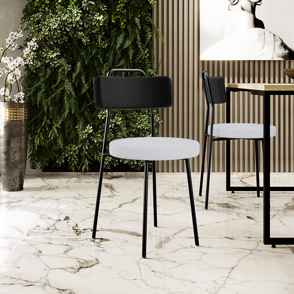 Cadeira Decorativa Estofada Para Sala De Jantar Barcelona L02 Couríssimo Preto Linho Cinza - Lyam