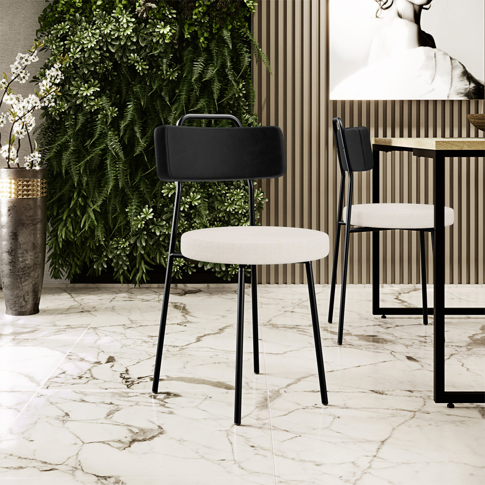 Cadeira Decorativa Estofada Para Sala De Jantar Barcelona L02 Couríssimo Preto Linho Cru - Lyam