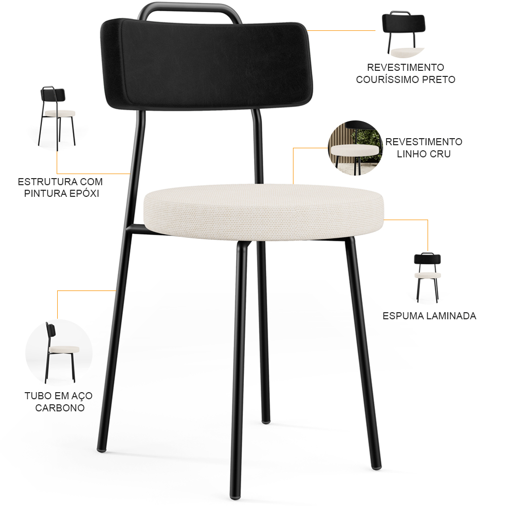 Cadeira Decorativa Estofada Para Sala De Jantar Barcelona L02 Couríssimo Preto Linho Cru - Lyam