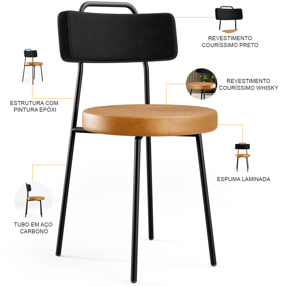 Cadeira Decorativa Estofada Para Sala De Jantar Barcelona L02 Couríssimo Preto Whisky - Lyam