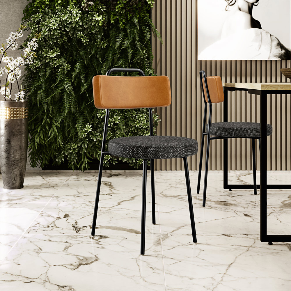 Cadeira Decorativa Estofada Para Sala De Jantar Barcelona L02 Couríssimo Whisky Linho Chumbo - Lyam