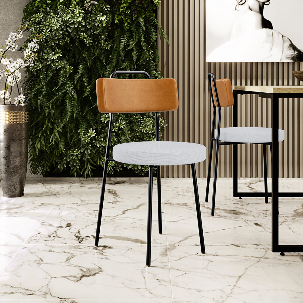 Cadeira Decorativa Estofada Para Sala De Jantar Barcelona L02 Couríssimo Whisky Linho Cinza - Lyam