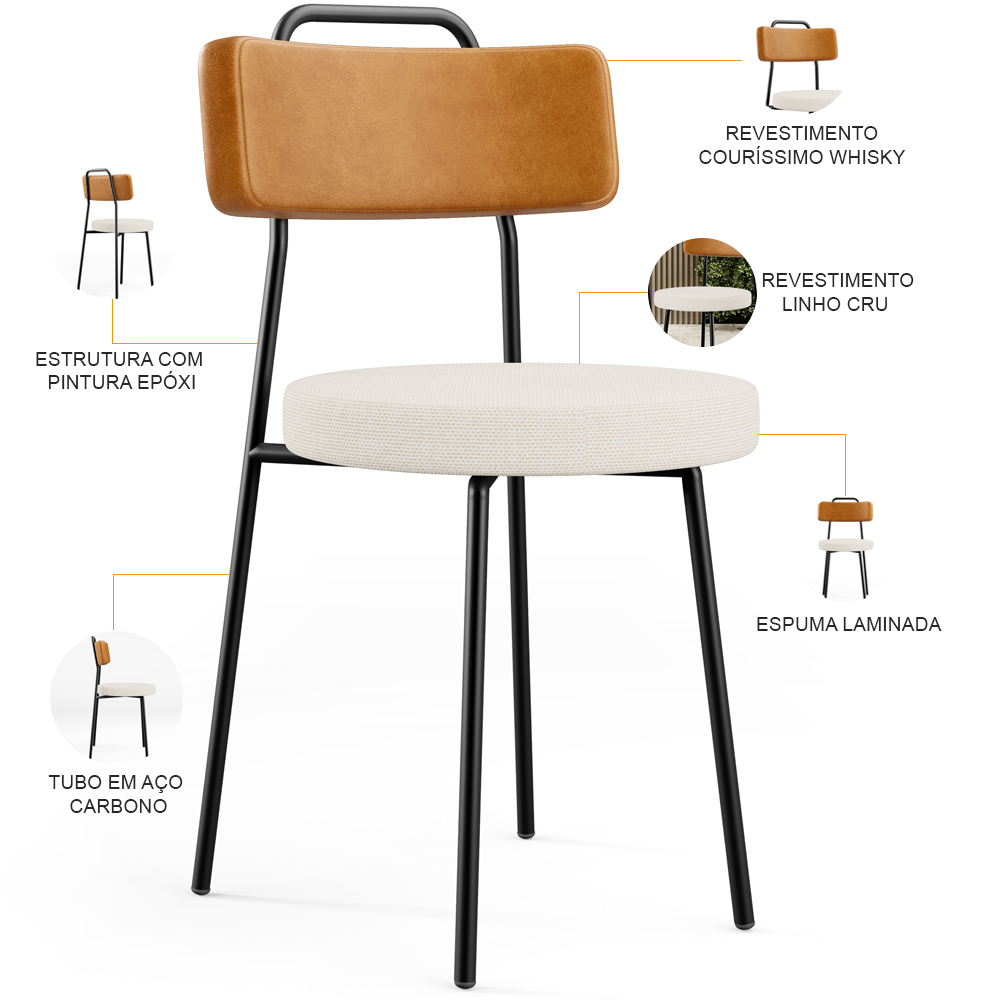 Cadeira Decorativa Estofada Para Sala De Jantar Barcelona L02 Couríssimo Whisky Linho Cru - Lyam