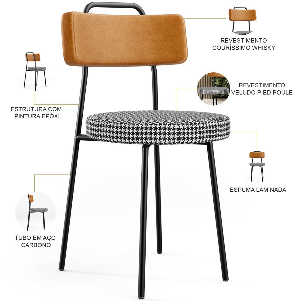 Cadeira Decorativa Estofada Para Sala De Jantar Barcelona L02 Couríssimo Whisky Pied Poule - Lyam