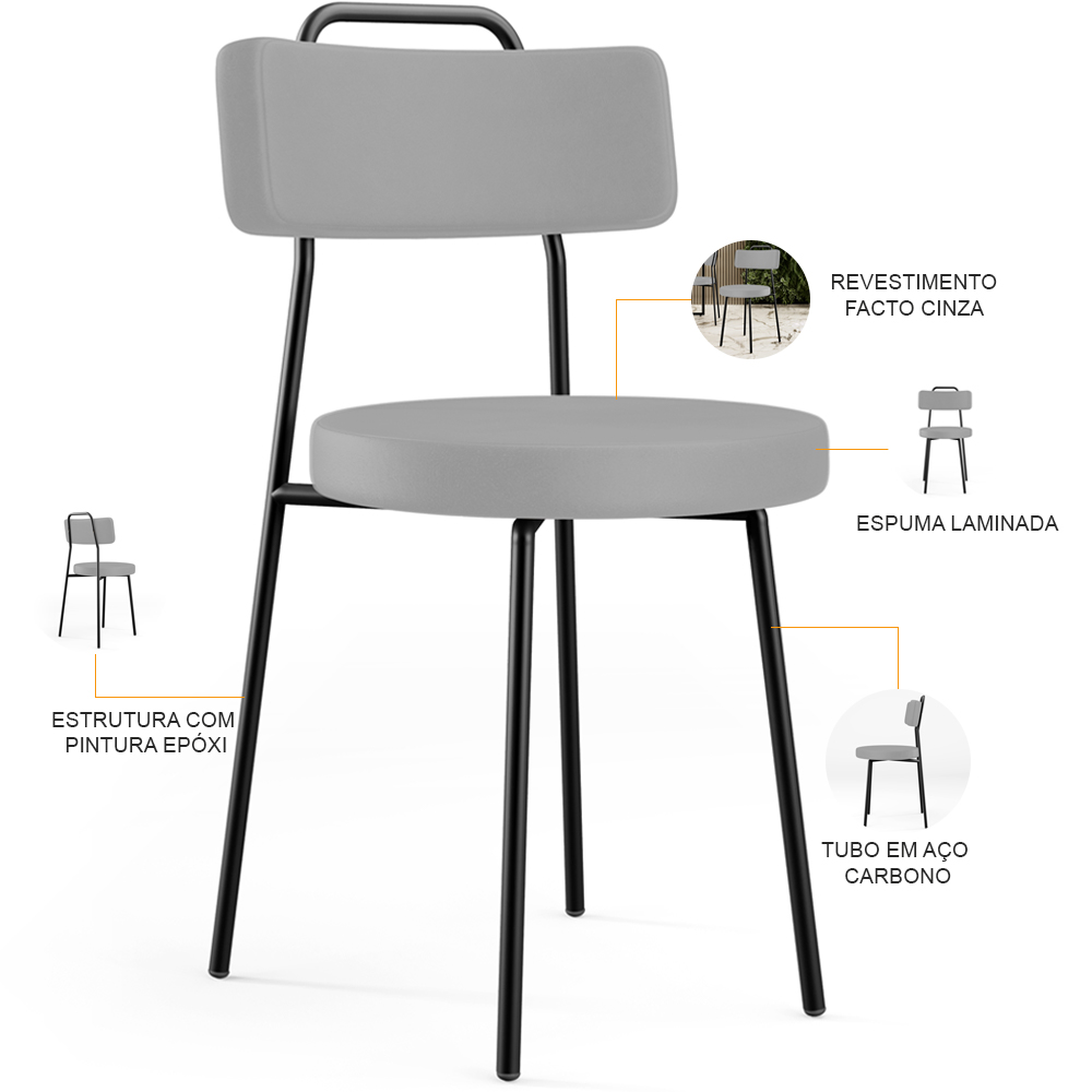 Cadeira Decorativa Estofada Para Sala De Jantar Barcelona L02 Facto Cinza - Lyam Decor