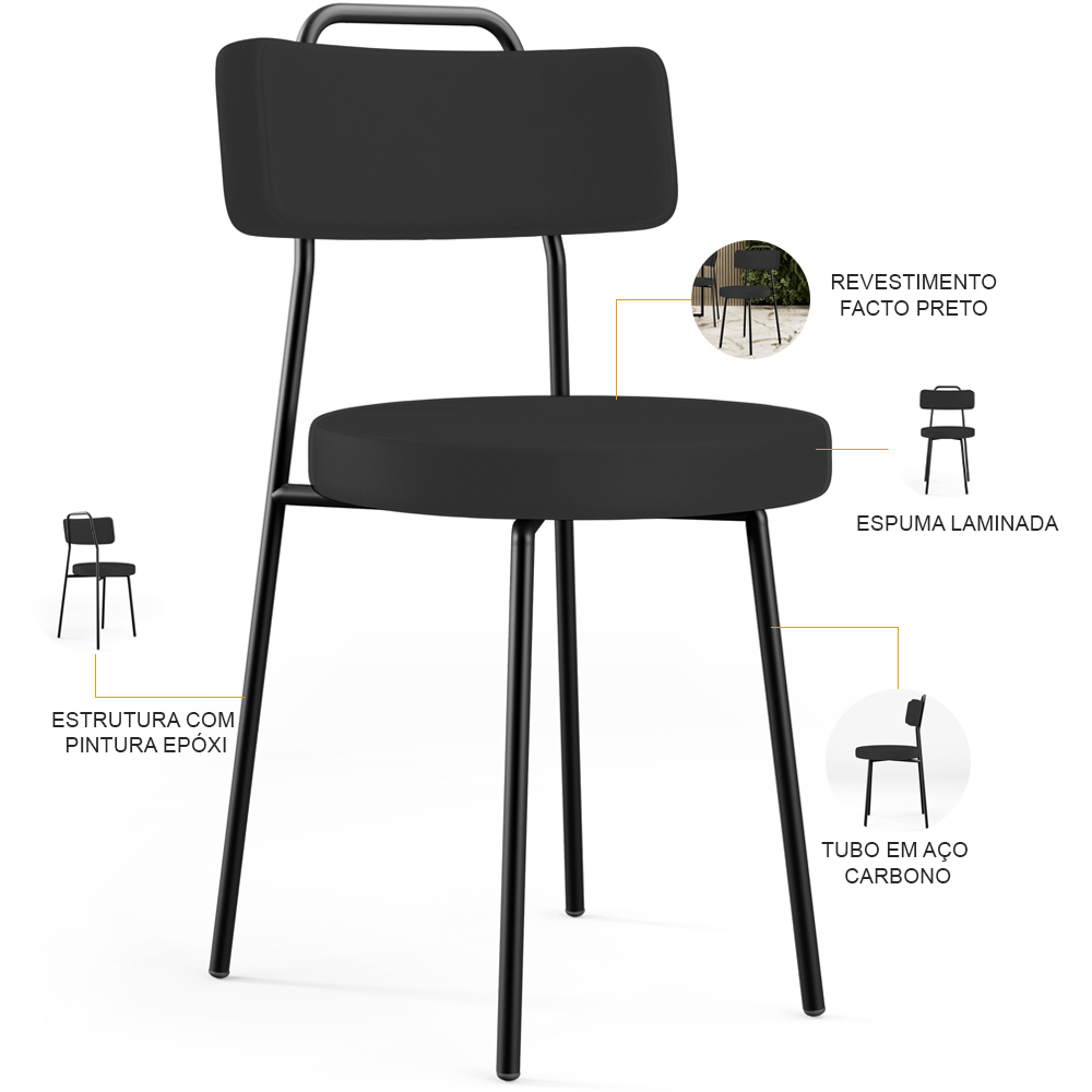 Cadeira Decorativa Estofada Para Sala De Jantar Barcelona L02 Facto Preto - Lyam Decor
