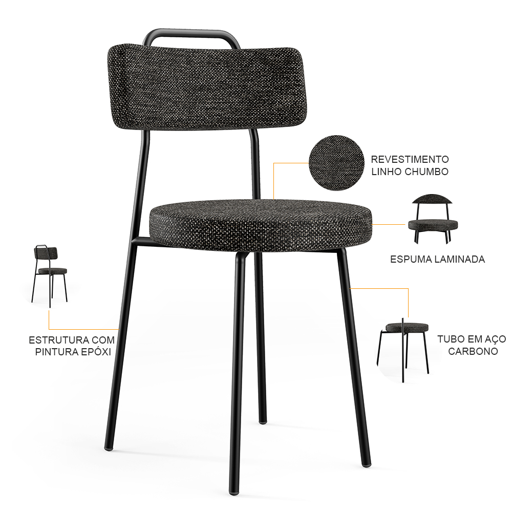 Cadeira Decorativa Estofada Para Sala De Jantar Barcelona L02 Linho Chumbo - Lyam Decor