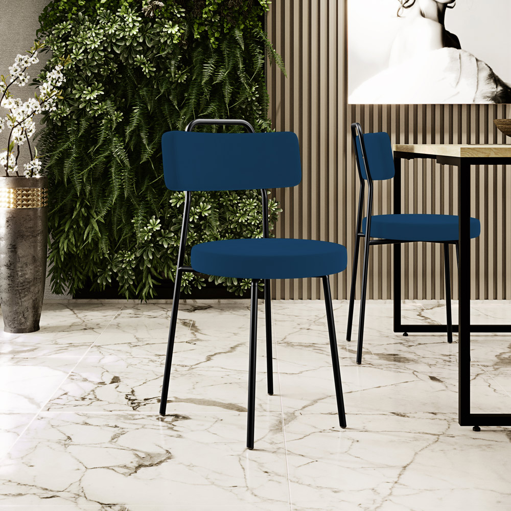 Cadeira Decorativa Estofada Para Sala De Jantar Barcelona L02 Suede Azul Marinho - Lyam Decor