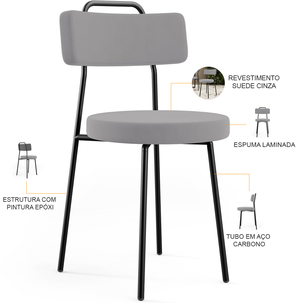 Cadeira Decorativa Estofada Para Sala De Jantar Barcelona L02 Suede Cinza - Lyam Decor