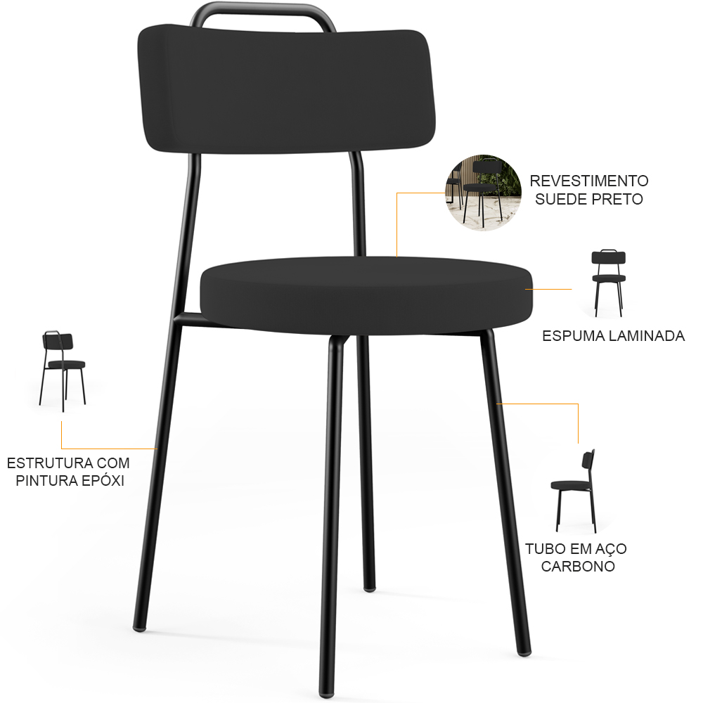 Cadeira Decorativa Estofada Para Sala De Jantar Barcelona L02 Suede Preto - Lyam Decor