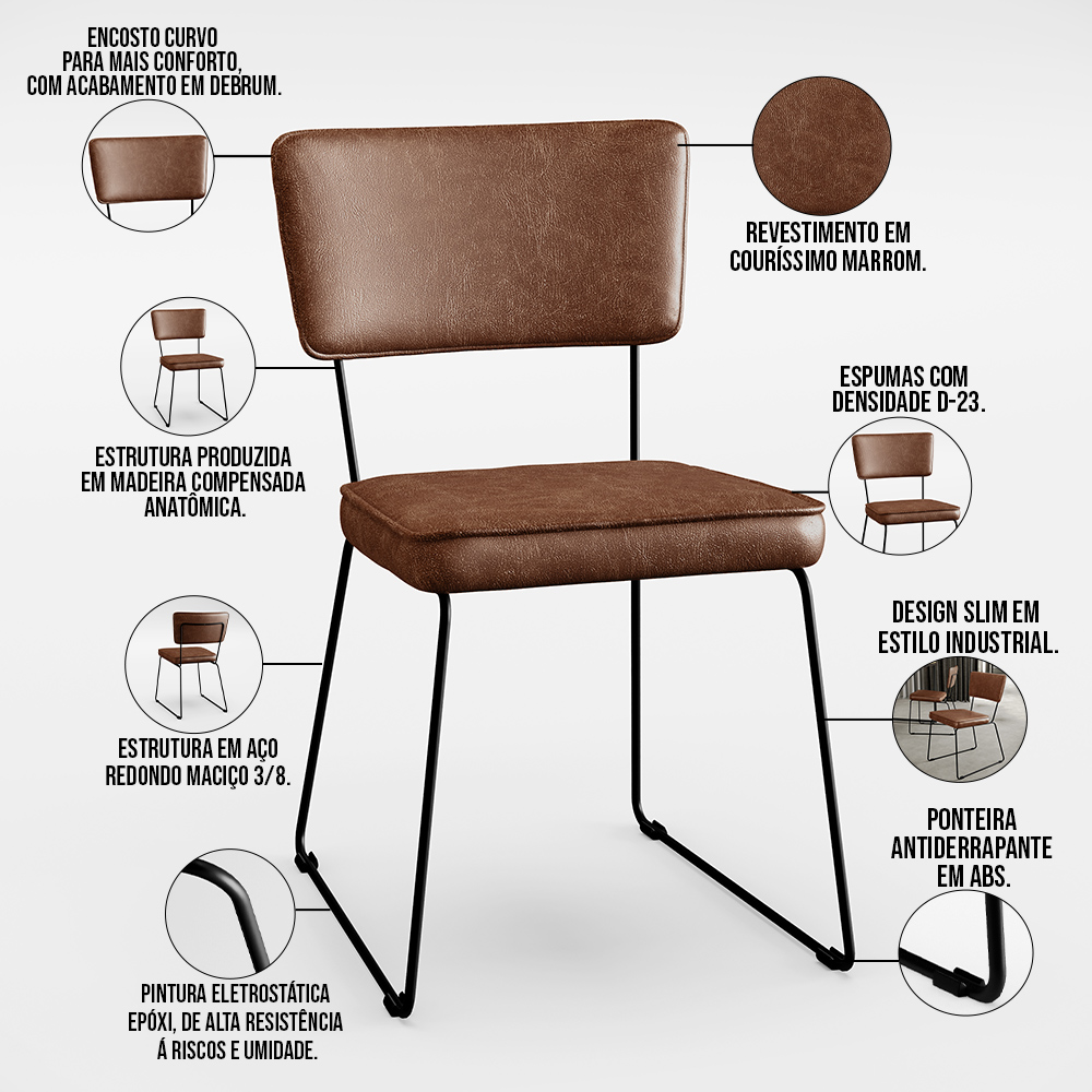 Cadeira Decorativa Estofada Para Sala De Jantar Base Aço Allana L02 Couríssimo Marrom - Lyam Decor