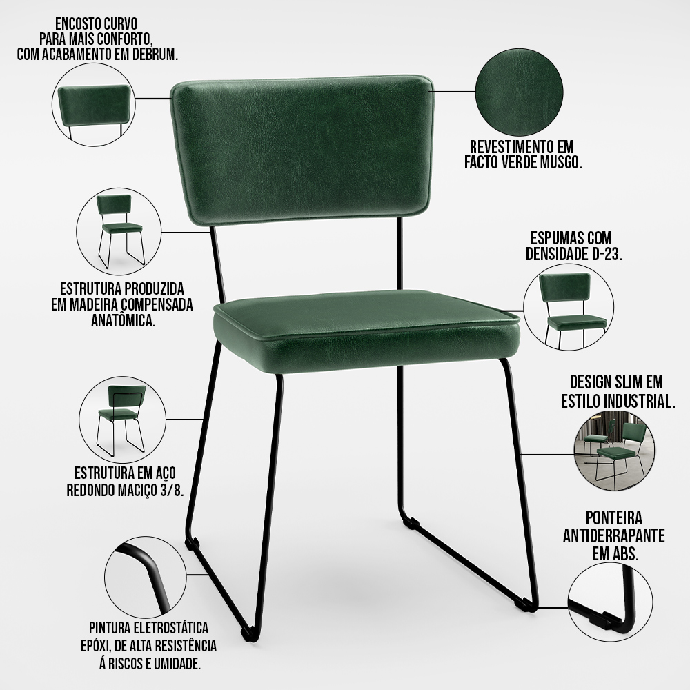 Cadeira Decorativa Estofada Para Sala De Jantar Base Aço Allana L02 Facto Verde Musgo - Lyam Decor