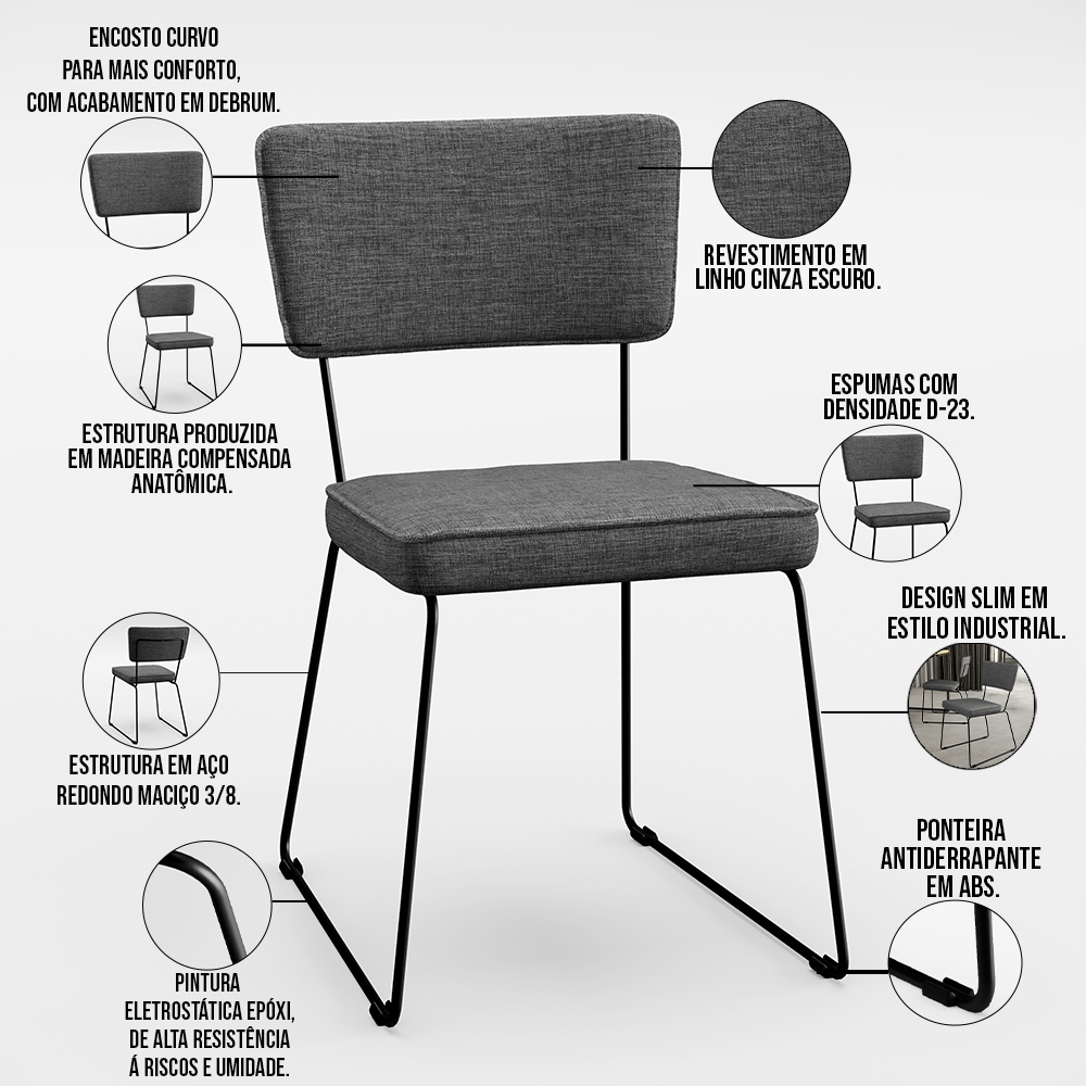 Cadeira Decorativa Estofada Para Sala De Jantar Base Aço Allana L02 Linho Cinza Escuro - Lyam Decor