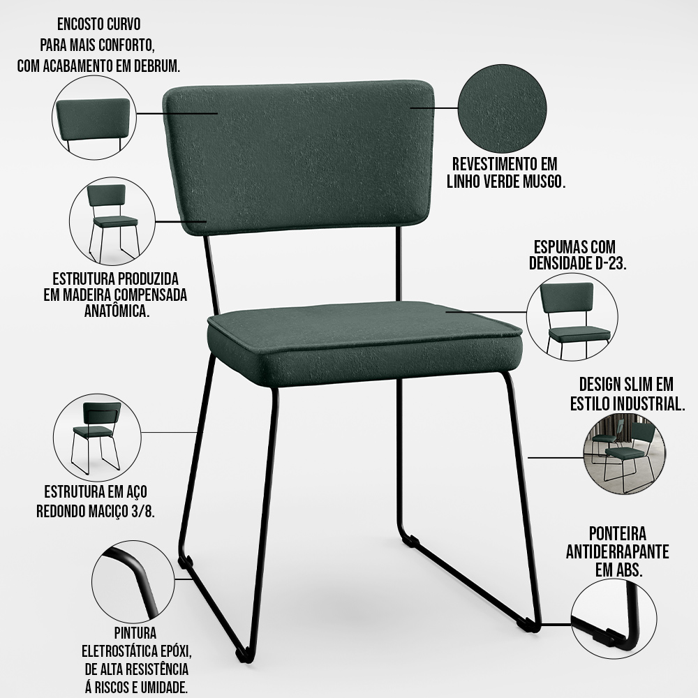 Cadeira Decorativa Estofada Para Sala De Jantar Base Aço Allana L02 Linho Verde Musgo - Lyam Decor