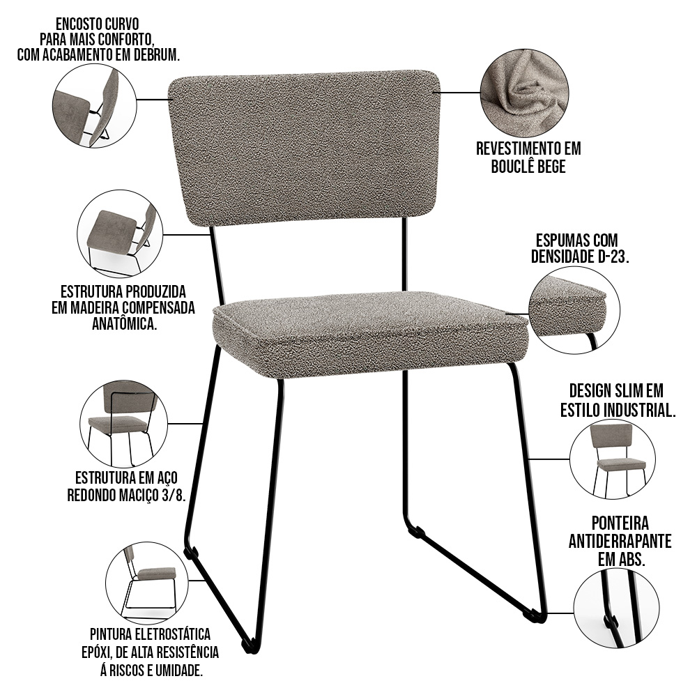 Cadeira Decorativa Estofada Para Sala De Jantar Base Em Aço Allana L02 Bouclê Bege - Lyam Decor