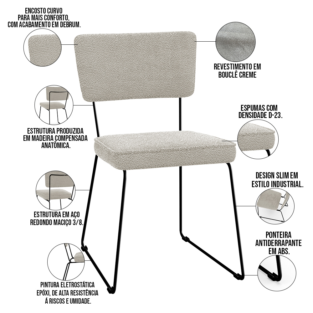 Cadeira Decorativa Estofada Para Sala De Jantar Base Em Aço Allana L02 Bouclê Creme - Lyam Decor