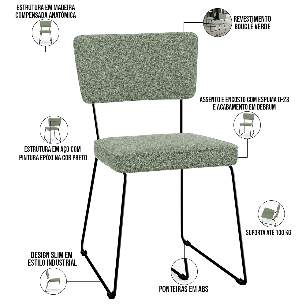 Cadeira Decorativa Estofada Para Sala De Jantar Base Em Aço Allana L02 Bouclê Oliva - Lyam Decor